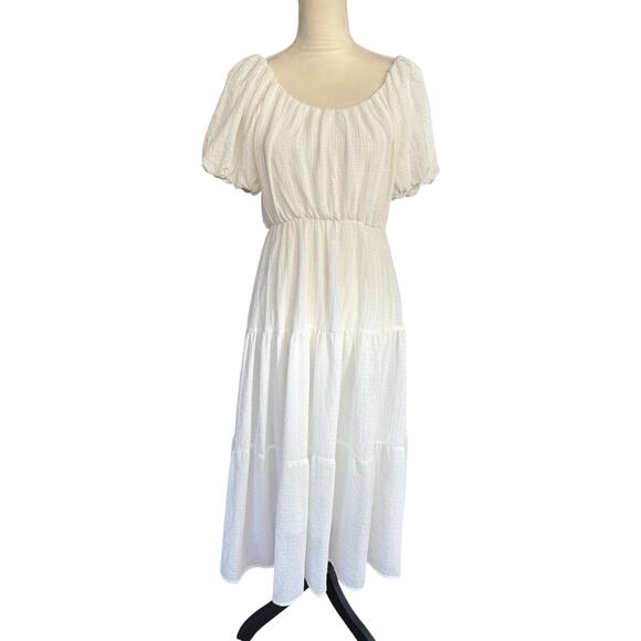ASTR the Label White Gauze Puff Sleeved Tiered Lined Midi Dress - XS - Picture 2 of 8